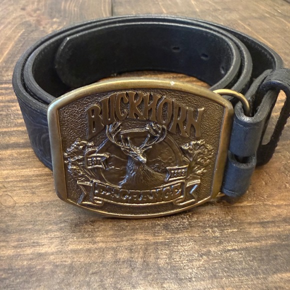 VTG Silver Creek Black Tooled Leather Belt Buckhorn Exchange Buckle Size 36 USA